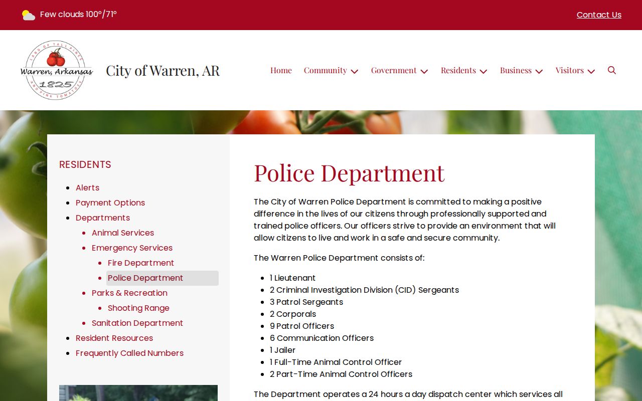 City of Warren Police page describing its 24-hour holding jail