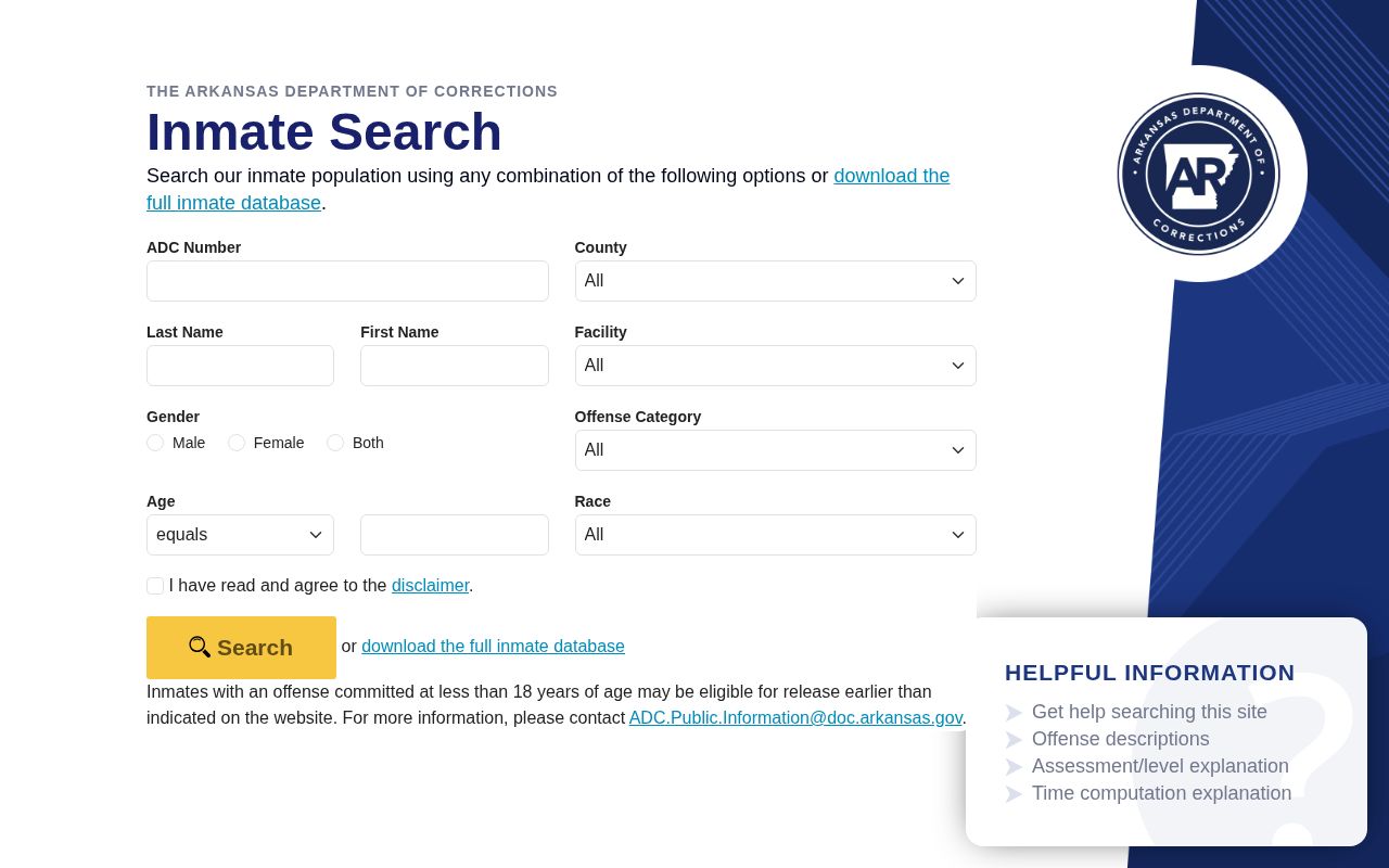 Official Arkansas DOC inmate search form