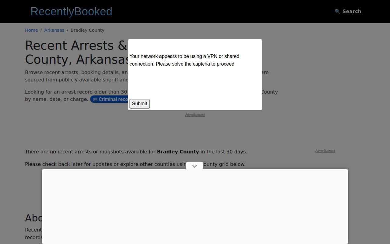 RecentlyBooked Bradley County page showing no recent results during review